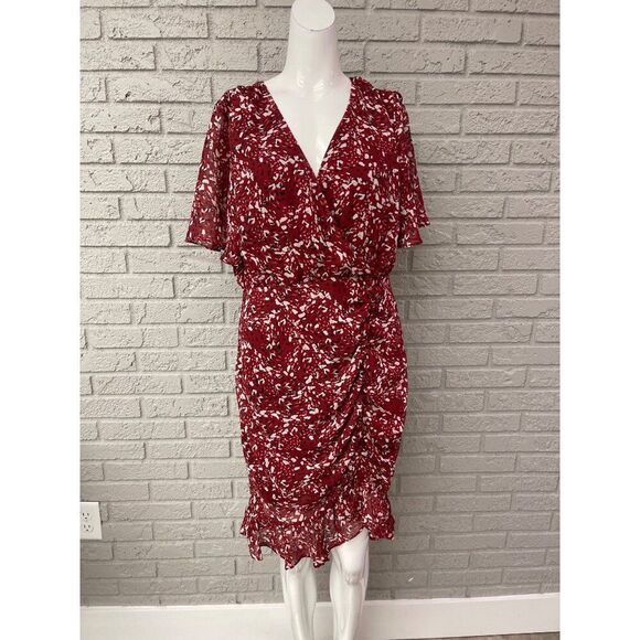 BCBGeneration Women Flutter Sleeve Ruched Front Ruffle Hem V-Neck Dress Size 10 - Picture 3 of 13